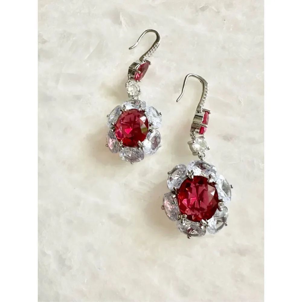 Cubic Zirconia and Cherry red dangle sparkly earrings 